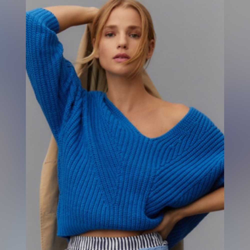 Anthropologie Blue Maeve V-Neck Sculptured Pullover Cropped Sweater XS
